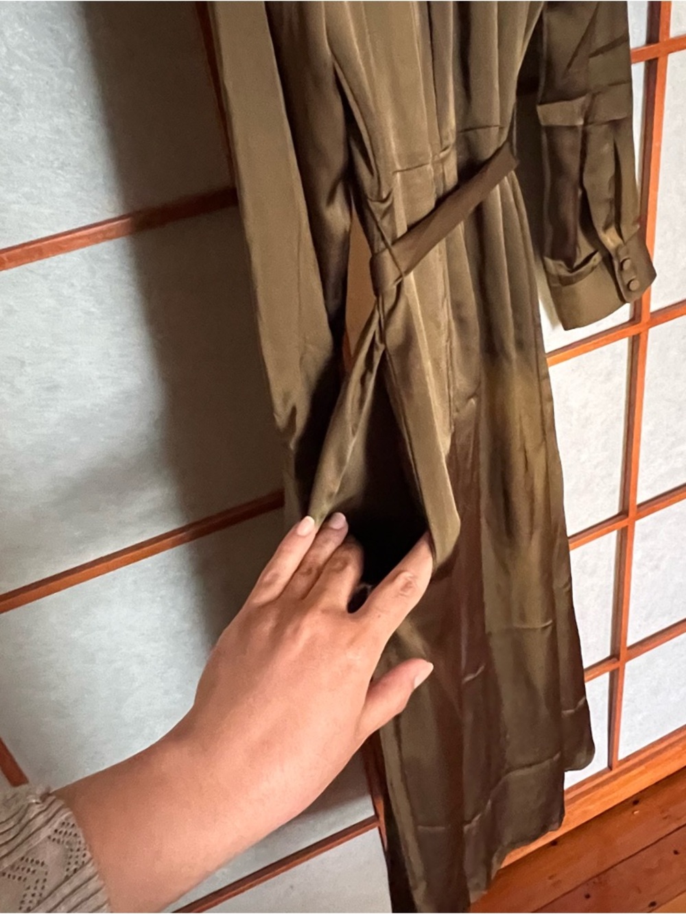 NWOT Amour Vert Olive Satin Button Down Dress Large - Picture 6 of 7